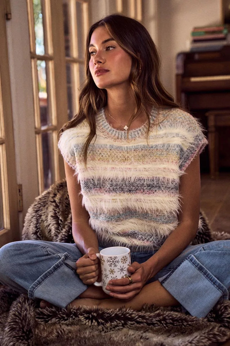 SO ME Soft Fuzzy Multi Color Stripe Cozy Sweater Top