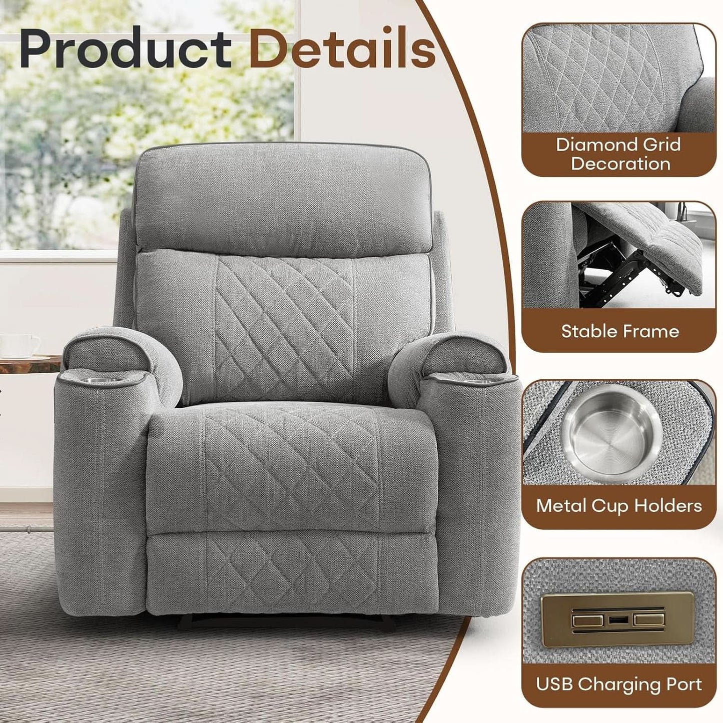 Electric Recliner Sofa USB Type C Ports Light Grey