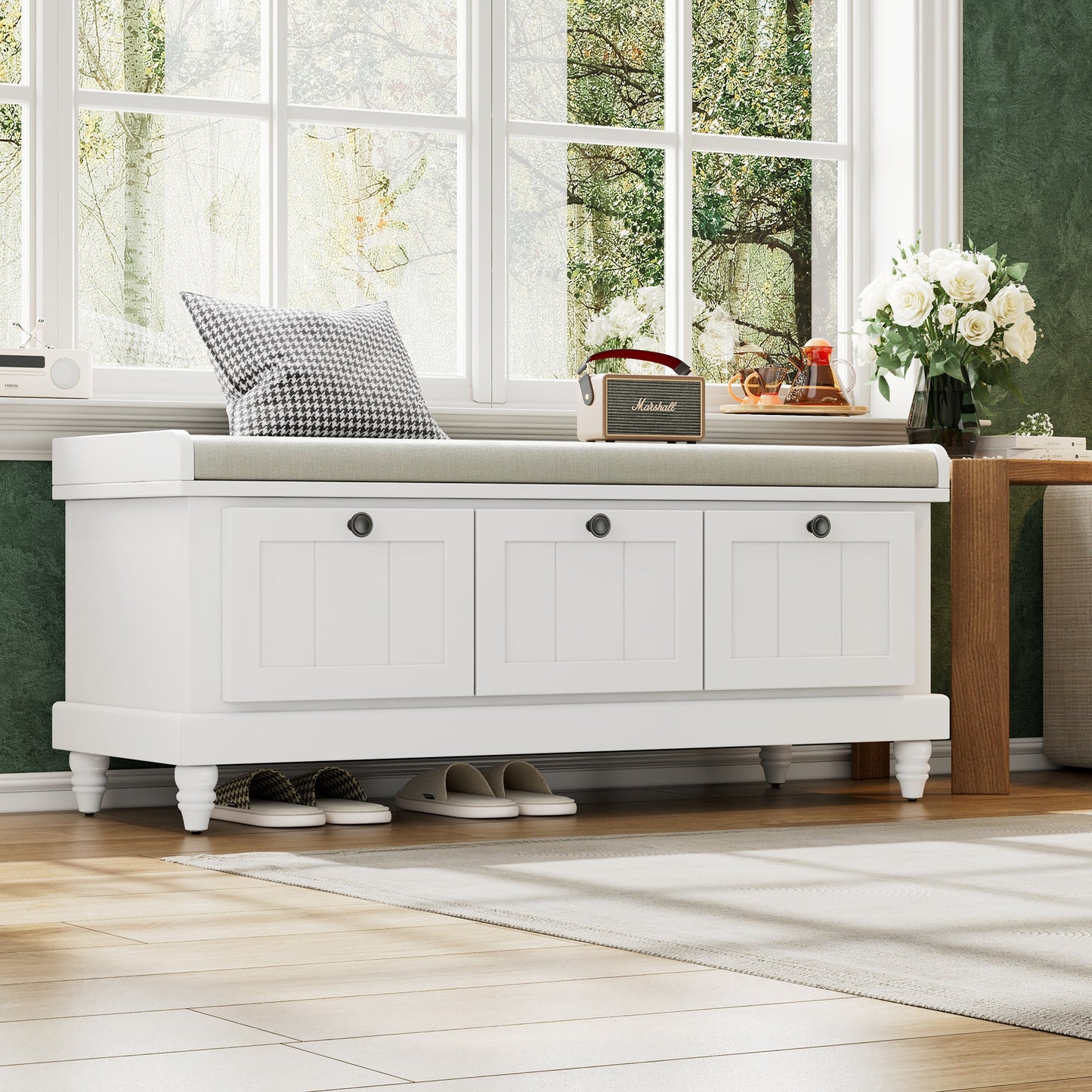Entry Bench Fluted MDF White Cushioned Seat 3 Drawers 44x16x19