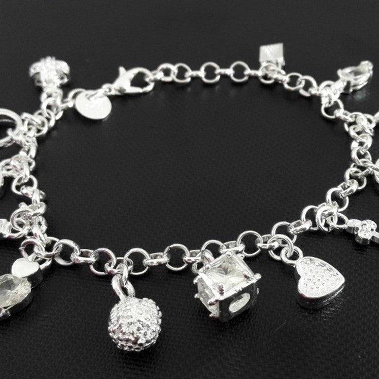 Y2K Multi Mixed Charms Chain Bracelet For Women, Silver Tone Clear Tone Simulated Zirconia Cross Moon Star Heart Key Lock Dangle Hand Jewelry Daily Casual Accessories
