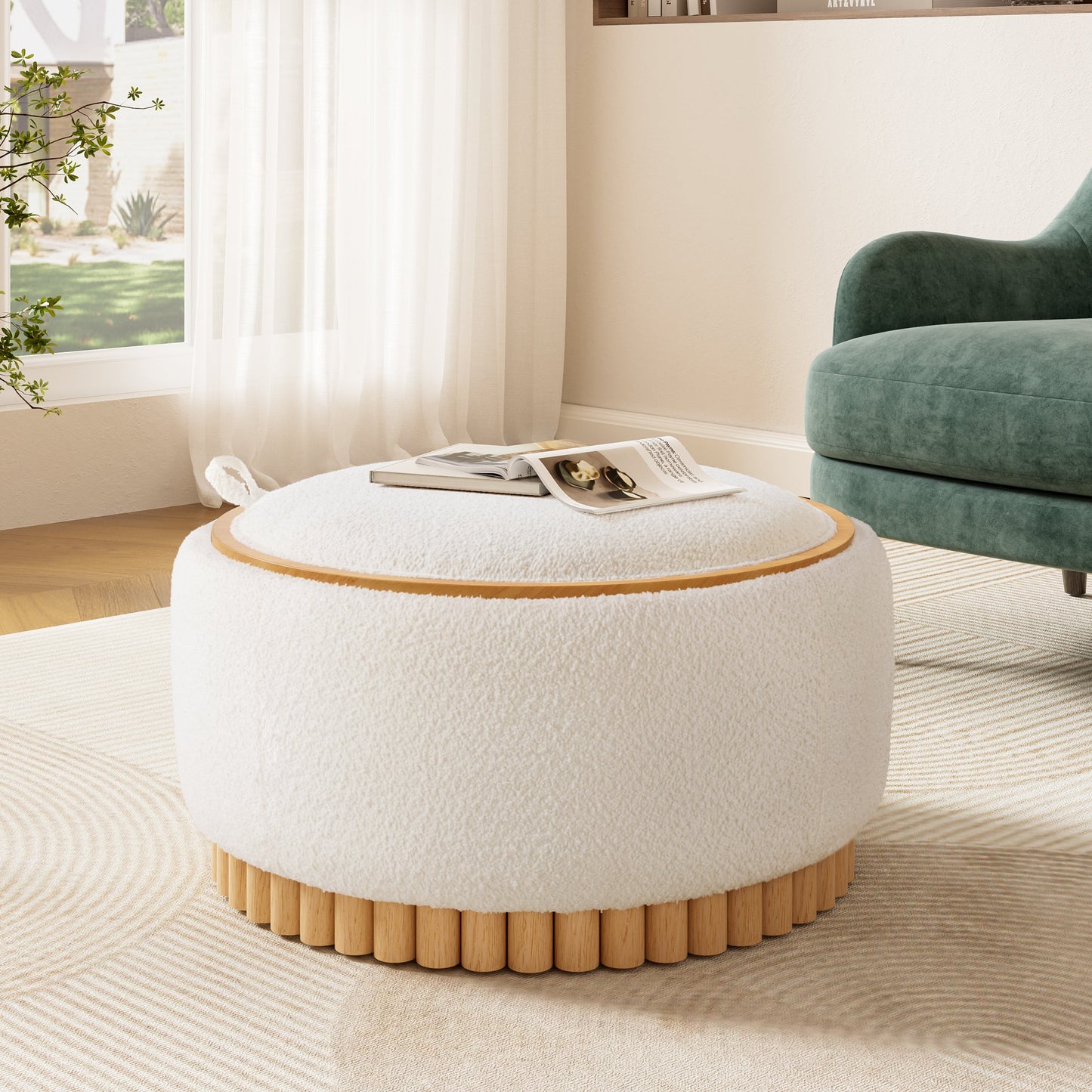 29' Round Storage Ottoman with Solid Wood Legs, Boucle Fabric, No Assembly