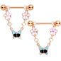 14G 5/8 Aurora Gem Rose Gold Tone Flower Dangle Nipple Ring Set