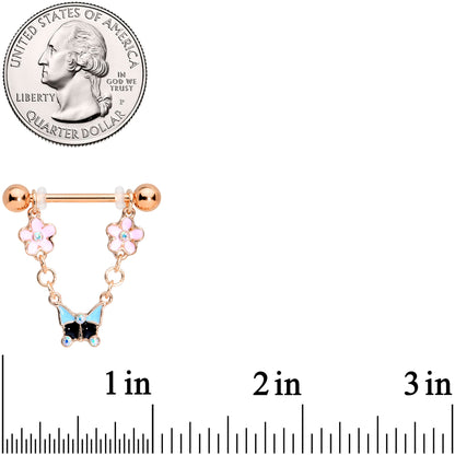 14G 5/8 Aurora Gem Rose Gold Tone Flower Dangle Nipple Ring Set