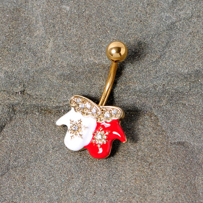 Clear Gem Gold Tone Winter Mittens Snowflake Christmas Belly Ring