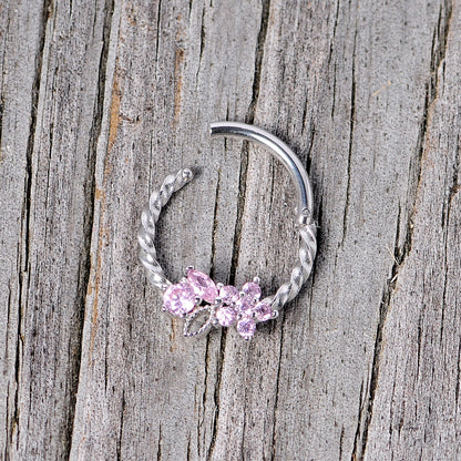 16G 3/8 Pink Gem Star Twisted Hinged Segment Ring