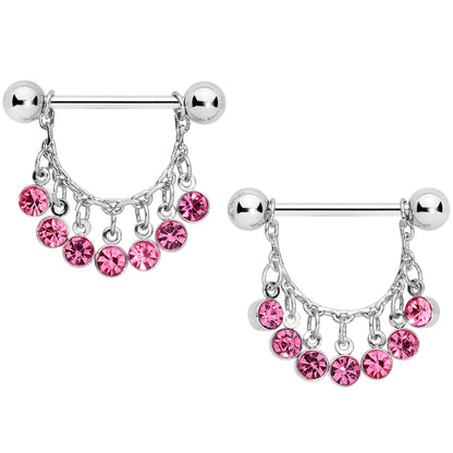 14G 5/8 Pink Gem Fringe Dangle Barbell Nipple Ring Set