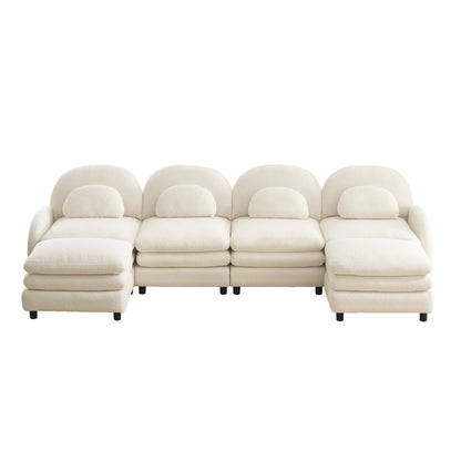 Sectional Sofa Modular Teddy Fleece Beige 4 Seat Curved Back with Ottomans