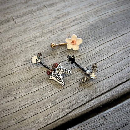 Clear Gem Black Ghost Vampire Bat Halloween Double Mount Belly Ring
