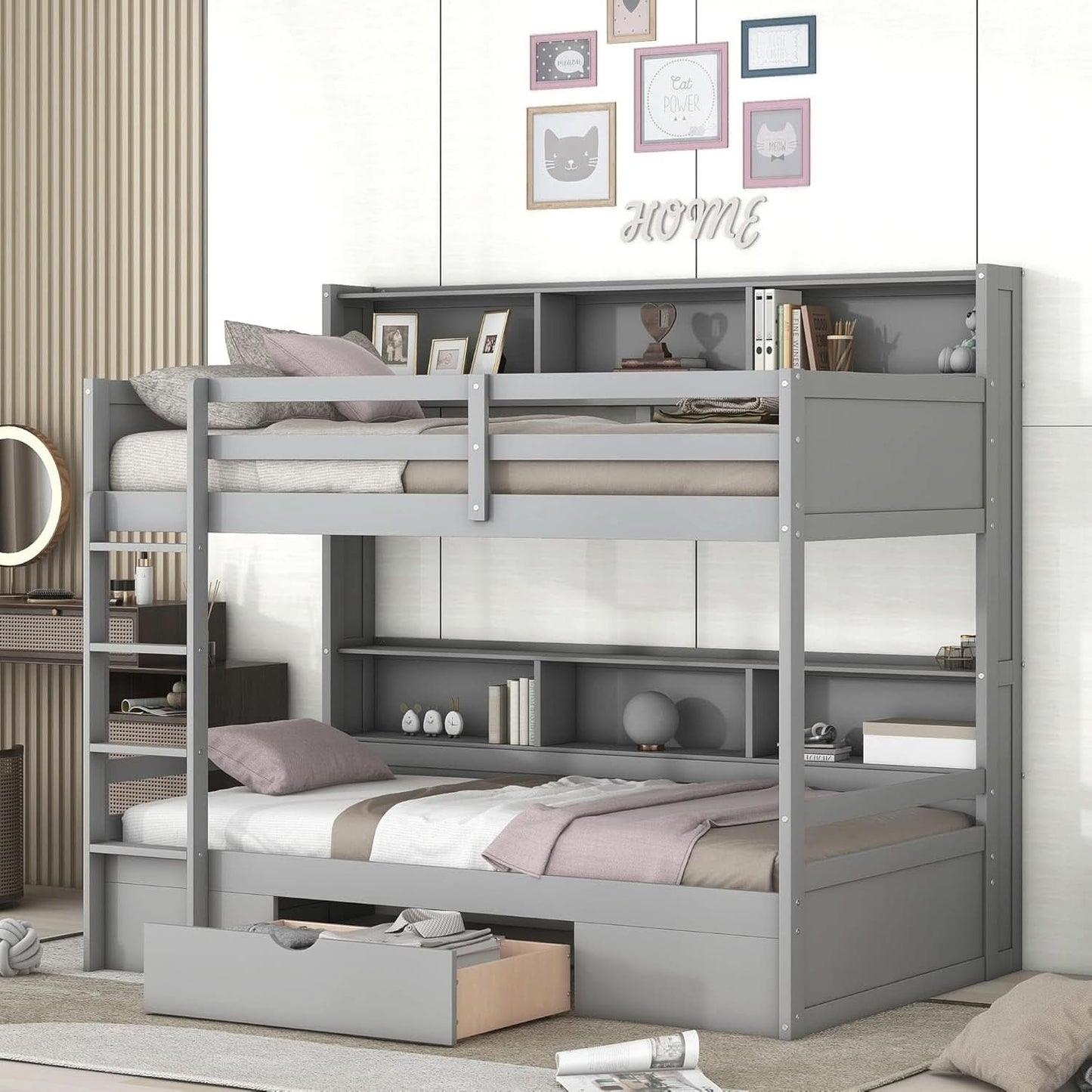 Twin Over Twin Bunk Bed Gray Storage Drawer And Shelves