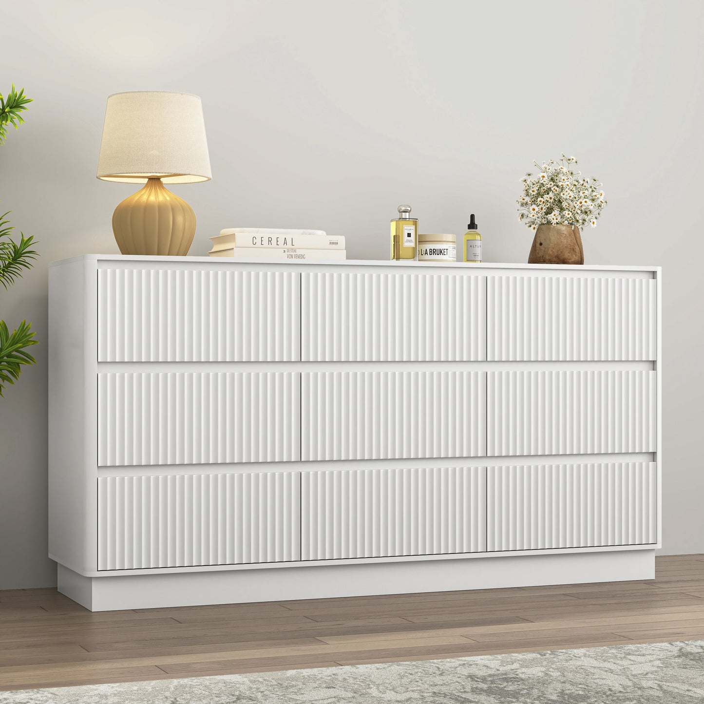Dresser Mid-Century 9-Drawer White Wave No-Handle 59.1x15.7x31.6 In