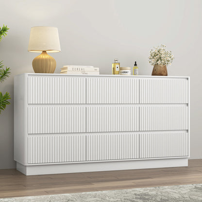 Dresser Mid-Century 9-Drawer White Wave No-Handle 59.1x15.7x31.6 In