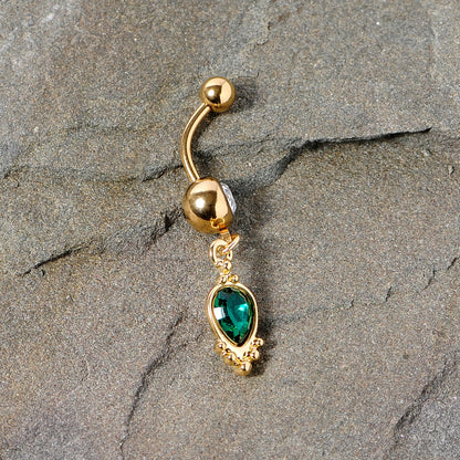 Clear Green Gem Gold Tone Christmas Dangle Belly Ring