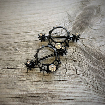14G 24mm Clear Gem Spider Web Halloween Nipple Shield Set