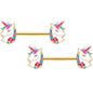 14G 9/16 Gold Tone Rainbow Unicorn Barbell Nipple Ring Set