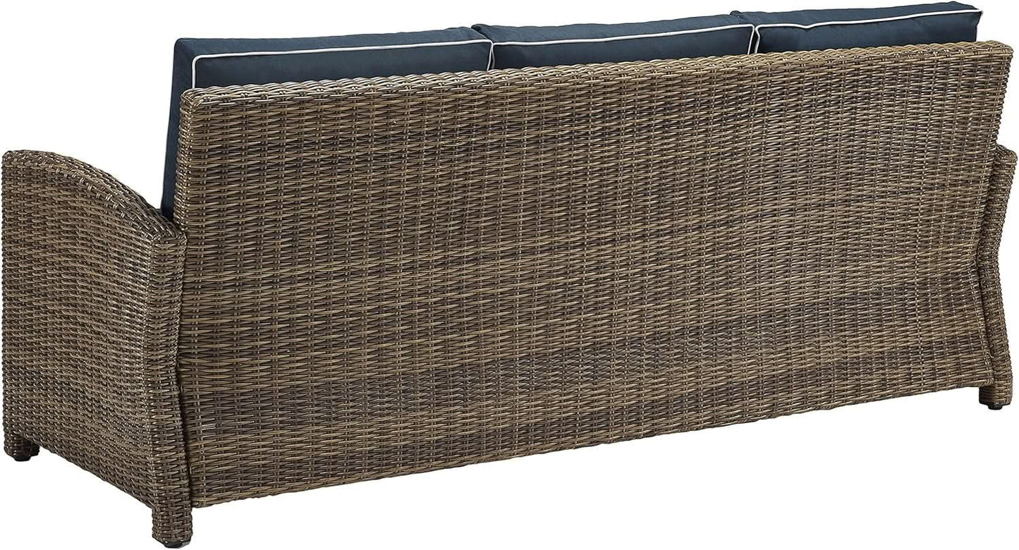 Brown Wicker Outdoor Sofa with Navy Cushions for Comfort