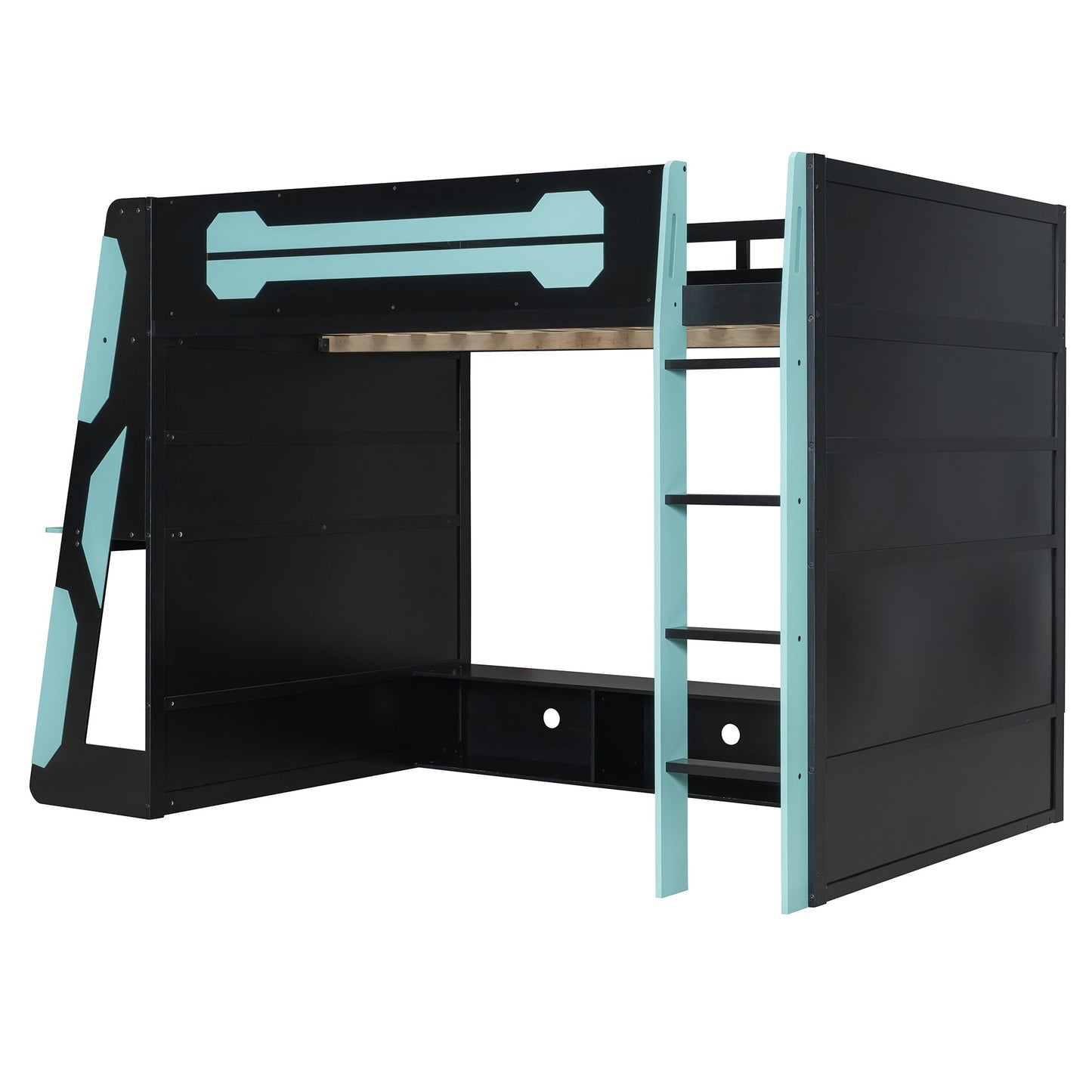 Full Size Wood Loft Bed with Desk, Multi-storage Shelves and RGB Light, Cloud