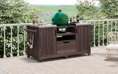 Outdoor Kitchen Island Grill Cart Fir Wood Stainless Steel 66.5