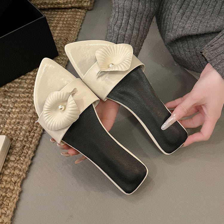 Calla Lily Design Vacation Style Genuine Leather Floral Slip On Sandals, Women Round Toe Special Mid Heel Real Leather Outdoor Slippers For Summer