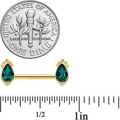 14G 9/16 Green Gem Gold Tone Drop Barbell Nipple Ring Set