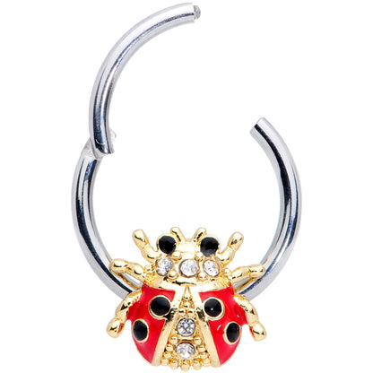 16G 3/8 Clear Gem Red Black Ladybug Hinged Segment Ring
