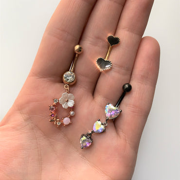 Clear CZ Gem Black Triple Heart Dangle Belly Ring