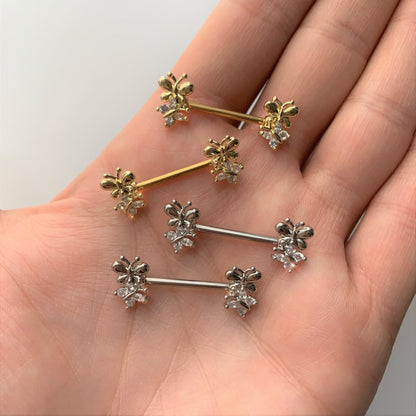 14G 5/8 Clear CZ Gem Butterfly Barbell Nipple Set