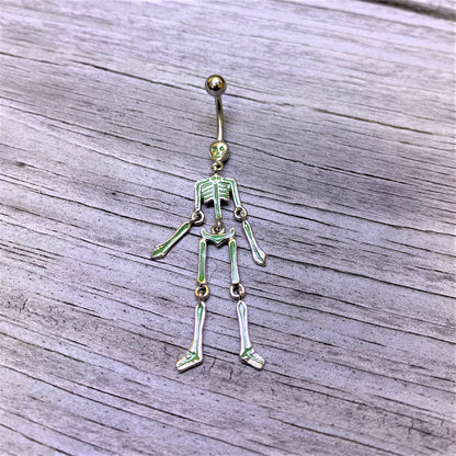 Green Hinged Halloween Skeleton Dangle Belly Ring