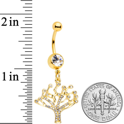 Clear CZ Gem Gold Tone Angular Tree of Life Dangle Belly Ring