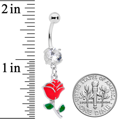 Clear Gem Valentines Day Red Rose Dangle Belly Ring
