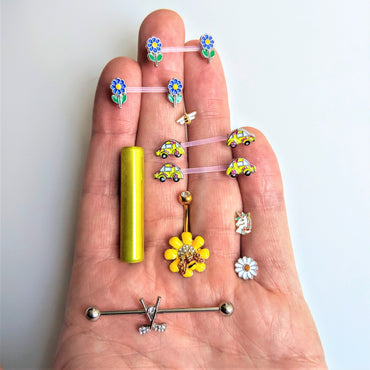 14G 9/16 Clear Bioplast Blue Hippie Flower Barbell Nipple Ring Set