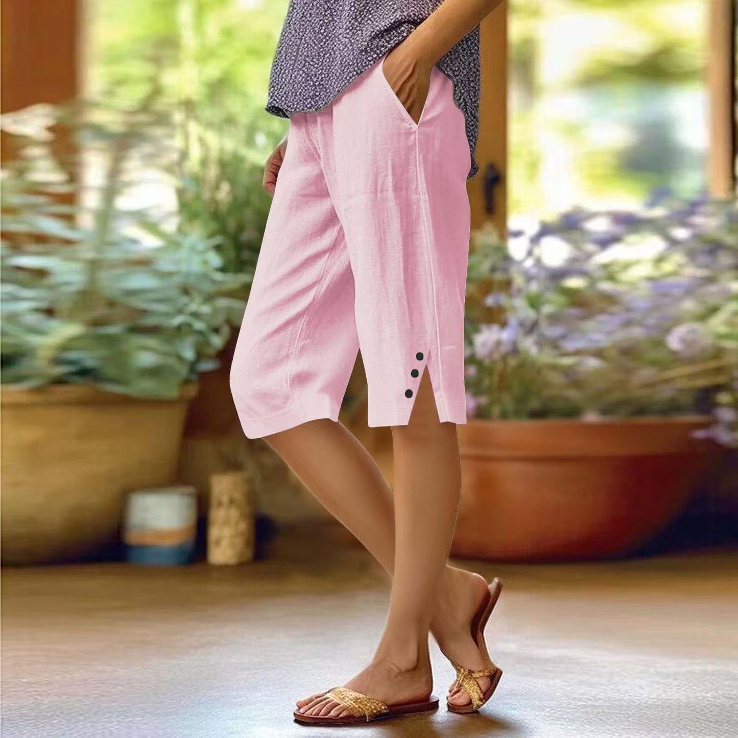 Casual Loose-fit Cotton-linen Drawstring Shorts With Pockets