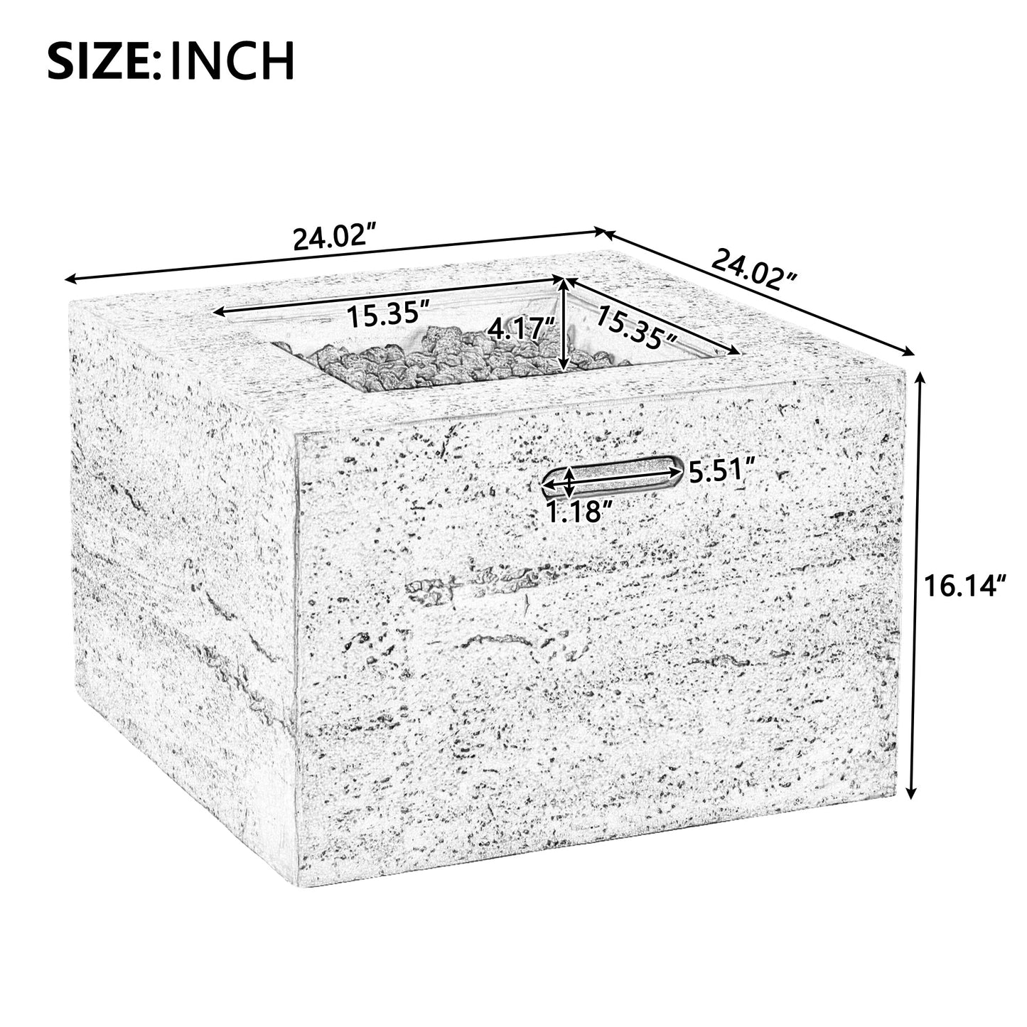 Propane Fire Pit Square MGO 40000 BTU 24" with Side Table Cover