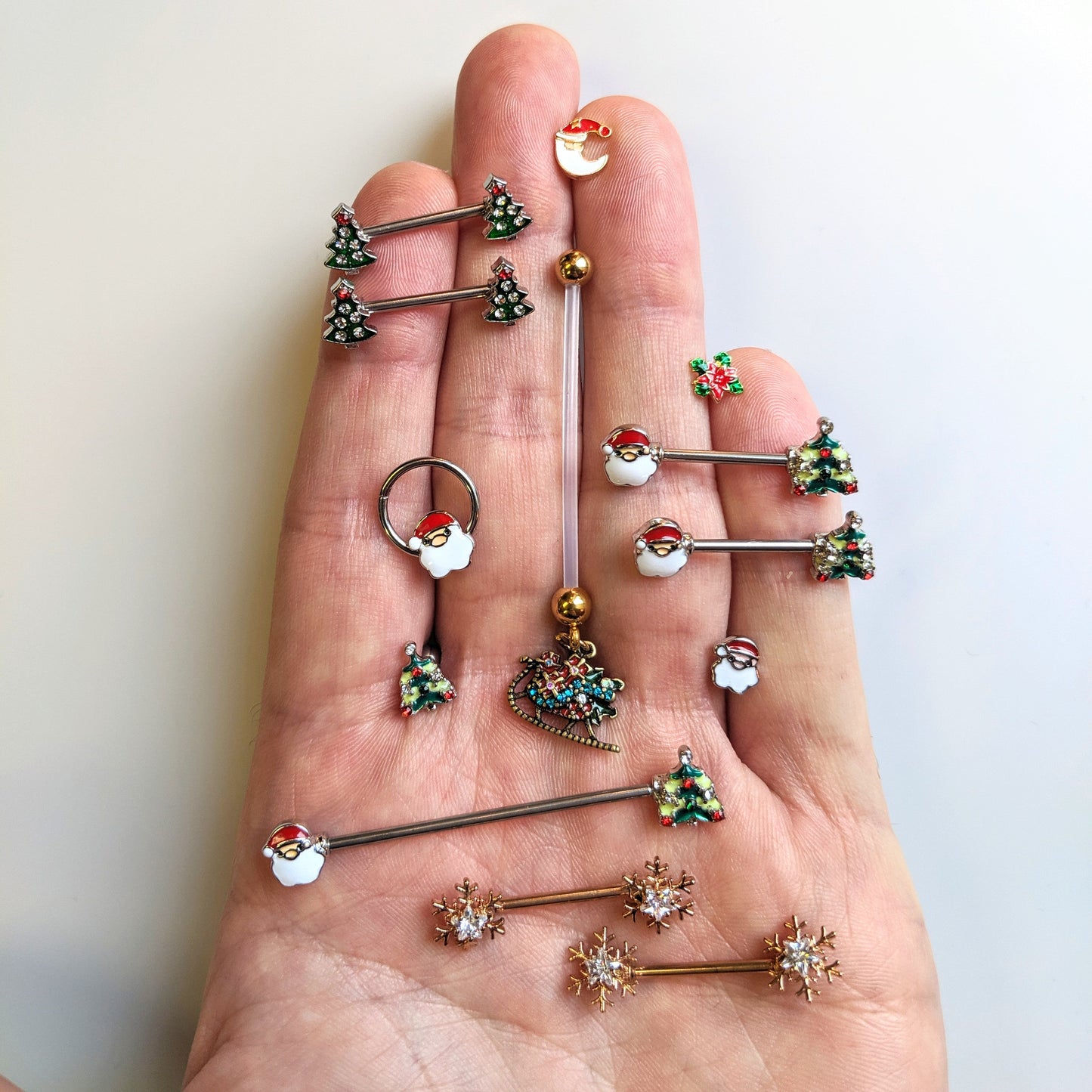 14G 9/16 Red Gem Santa Christmas Tree Barbell Nipple Ring Set