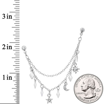 16G 1/4 Clear Gem Moon Star Sun Dangle Cartilage Chain Earring