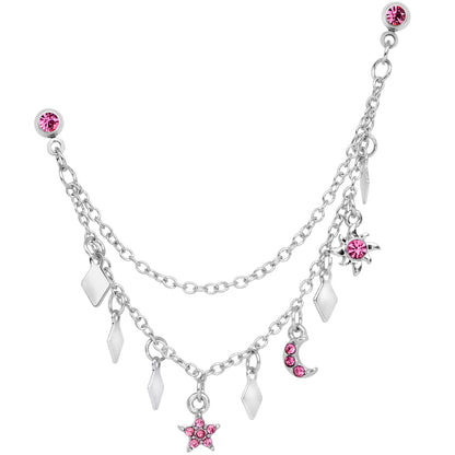 16G 1/4 Pink Gem Moon Star Sun Dangle Cartilage Chain Earring