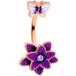 Clear Gem Rose Gold Purple Flower Butterfly Double Mount Belly Ring