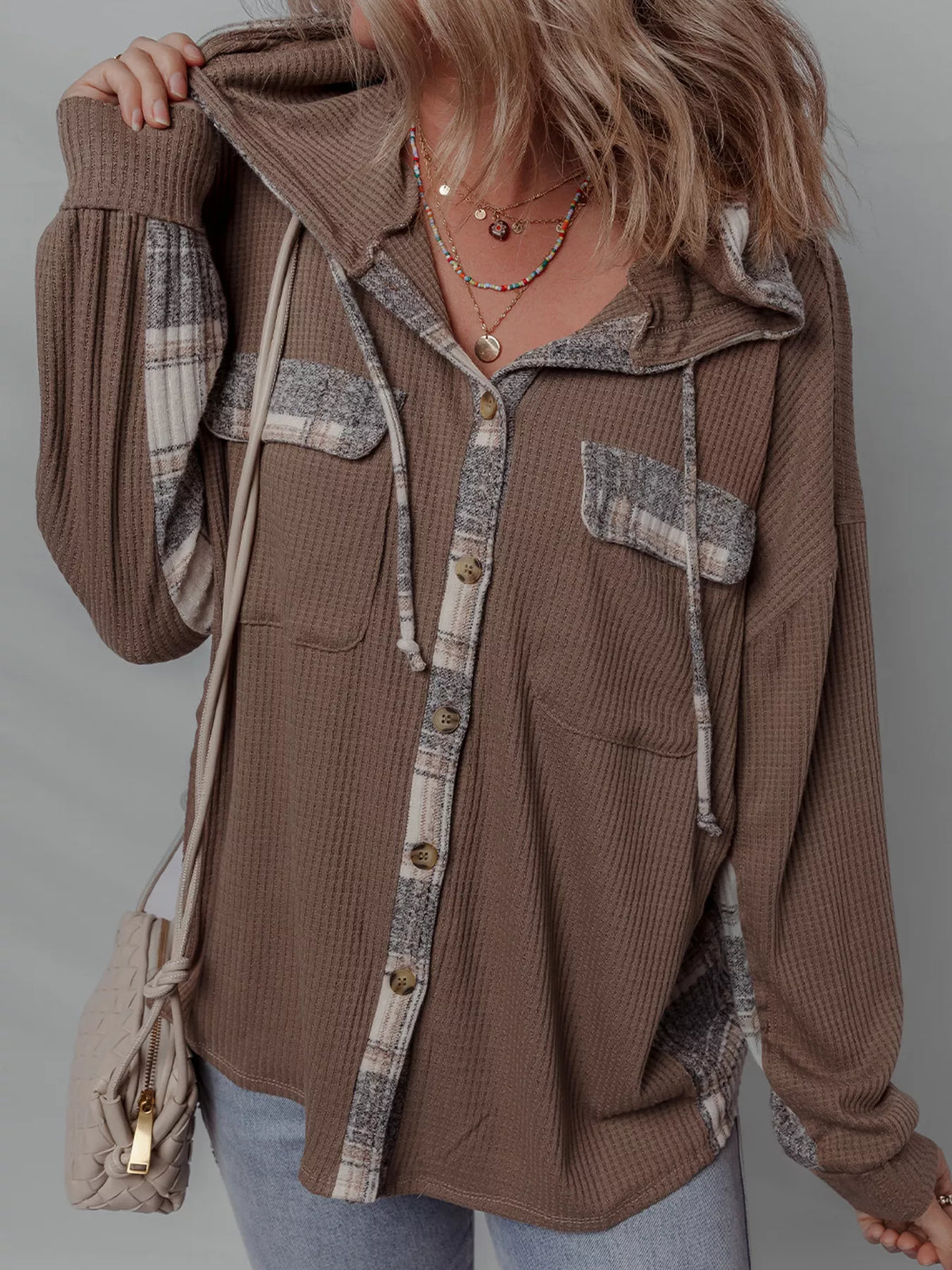 Plaid Patchwork Button Down Drawstring Hooded Shacket