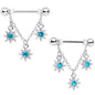 14G 1/2 Aqua Gem Trio Stars Chain Dangle Nipple Ring Set