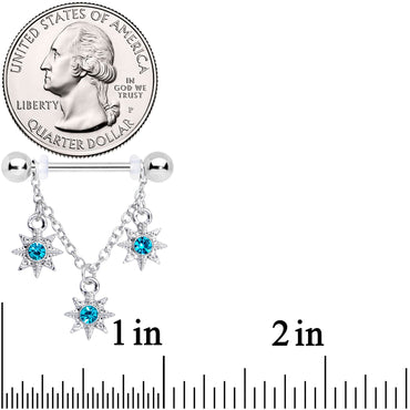 14G 1/2 Aqua Gem Trio Stars Chain Dangle Nipple Ring Set