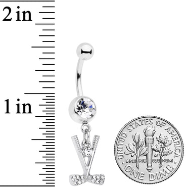 Clear CZ Gem Crossed Golf Clubs Dangle Belly Ring