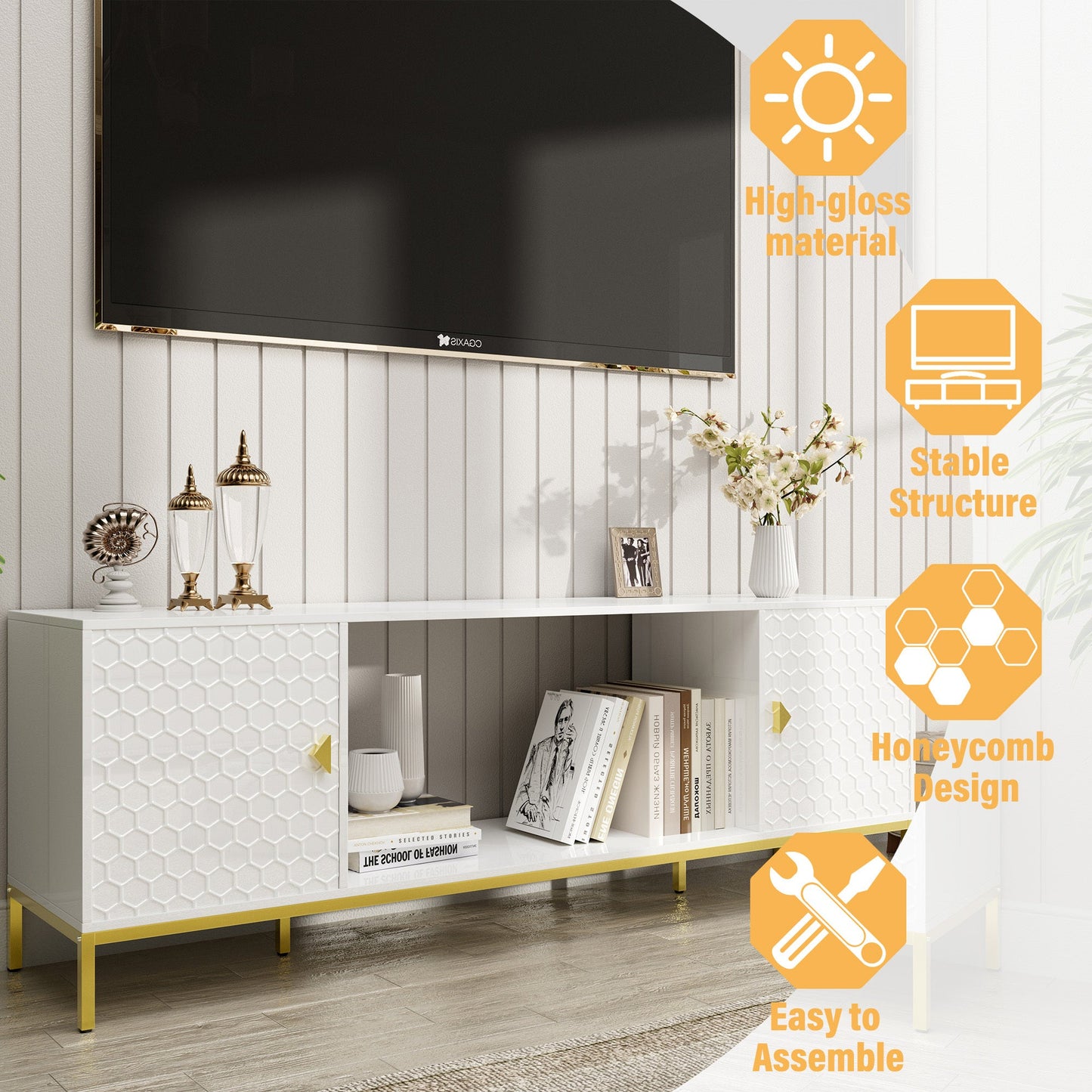 TV Stand Fireplace Space MDF White Honeycomb Door Gold Legs 80 LB 70 In