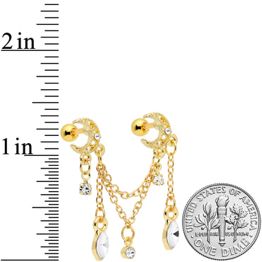 16G 1/4 Clear CZ Gem Gold Hue Moon Dangle Cartilage Chain Earring