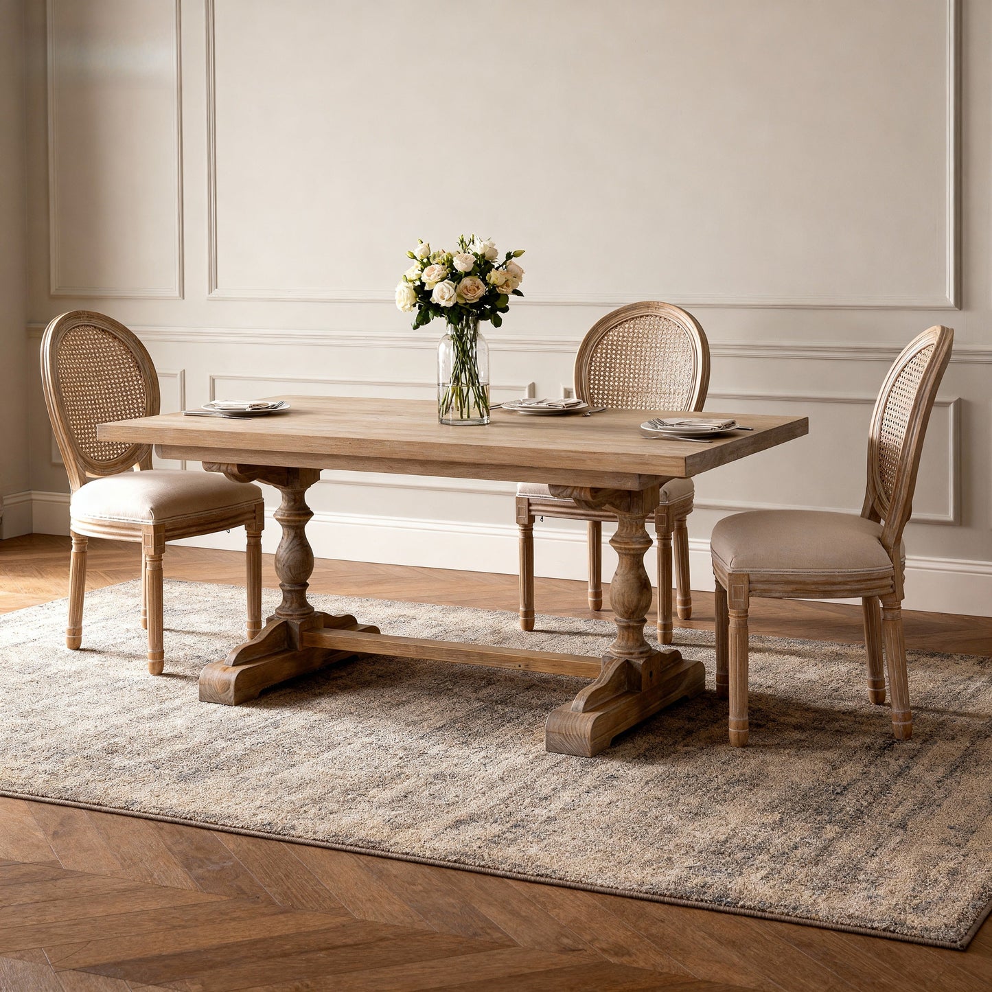 French Style Solid Wood Linen Fabric Rattan Back Dining Chair, Set of 2, Beige