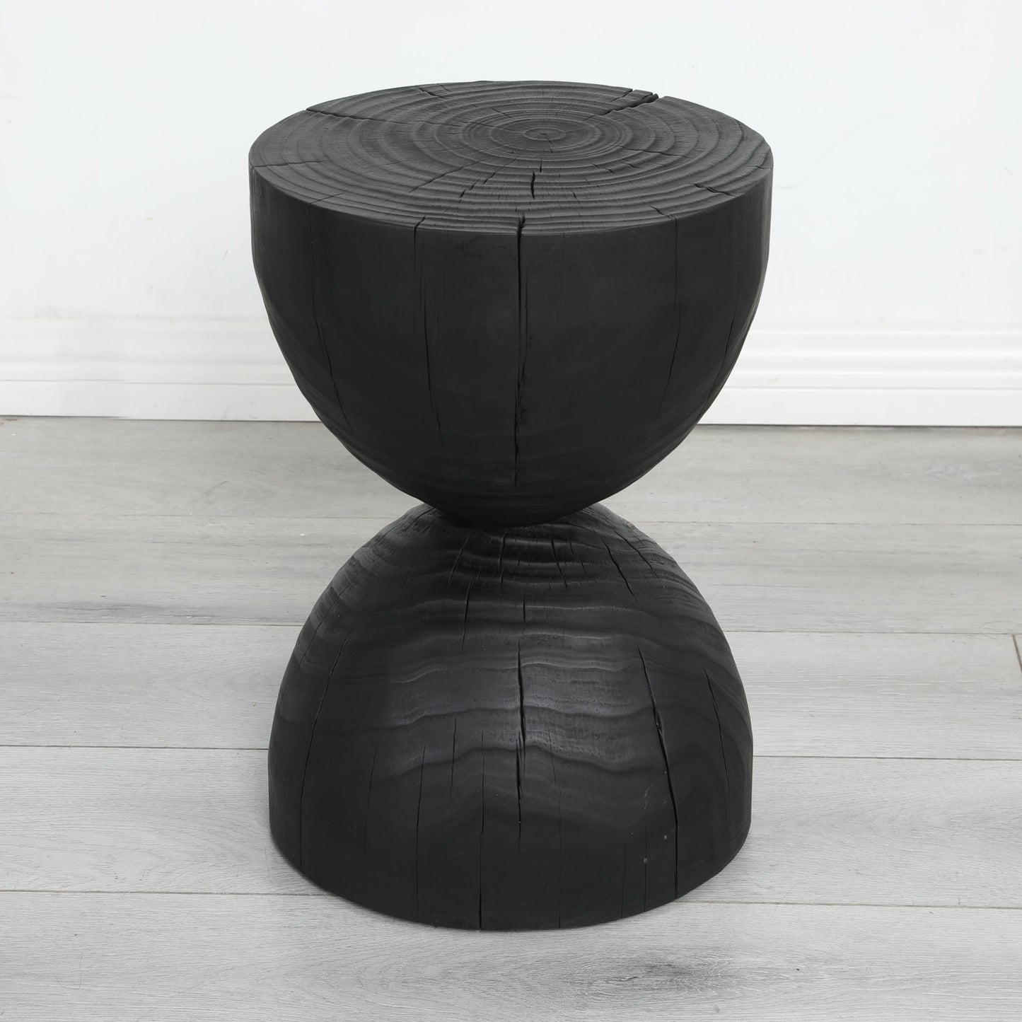 Solid Mango Wood Round Side Table, 12.2x18.11 in, Black, Burnt Vintage Look