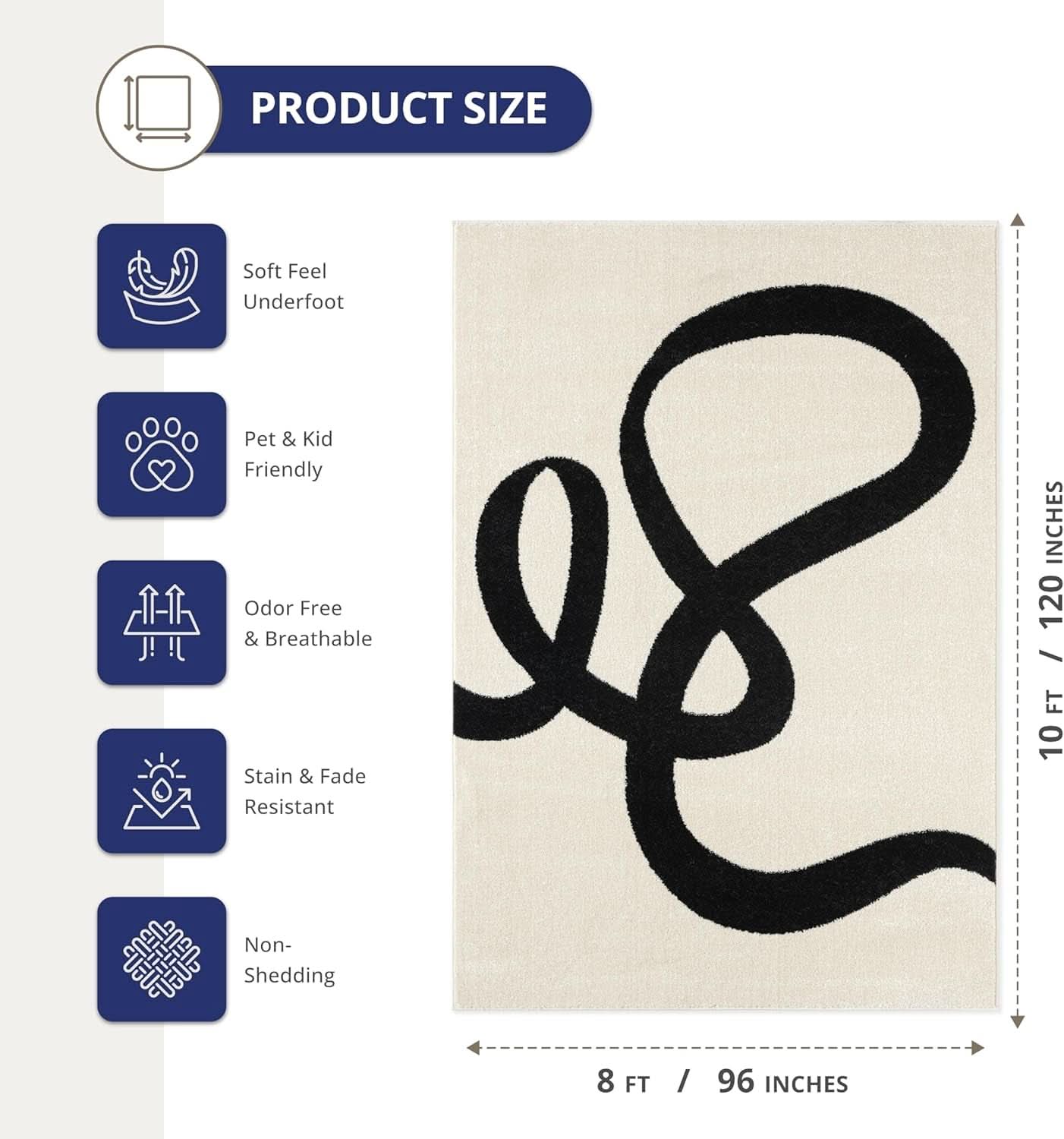 Beige Black Abstract Area Rug 8 By 10 Modern Curved Line