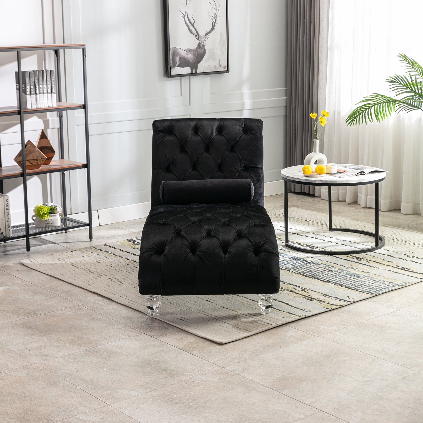 Velvet Chaise Lounge, Button-Tufted with Pillow, Black, 63.38x28.94x34.05 in