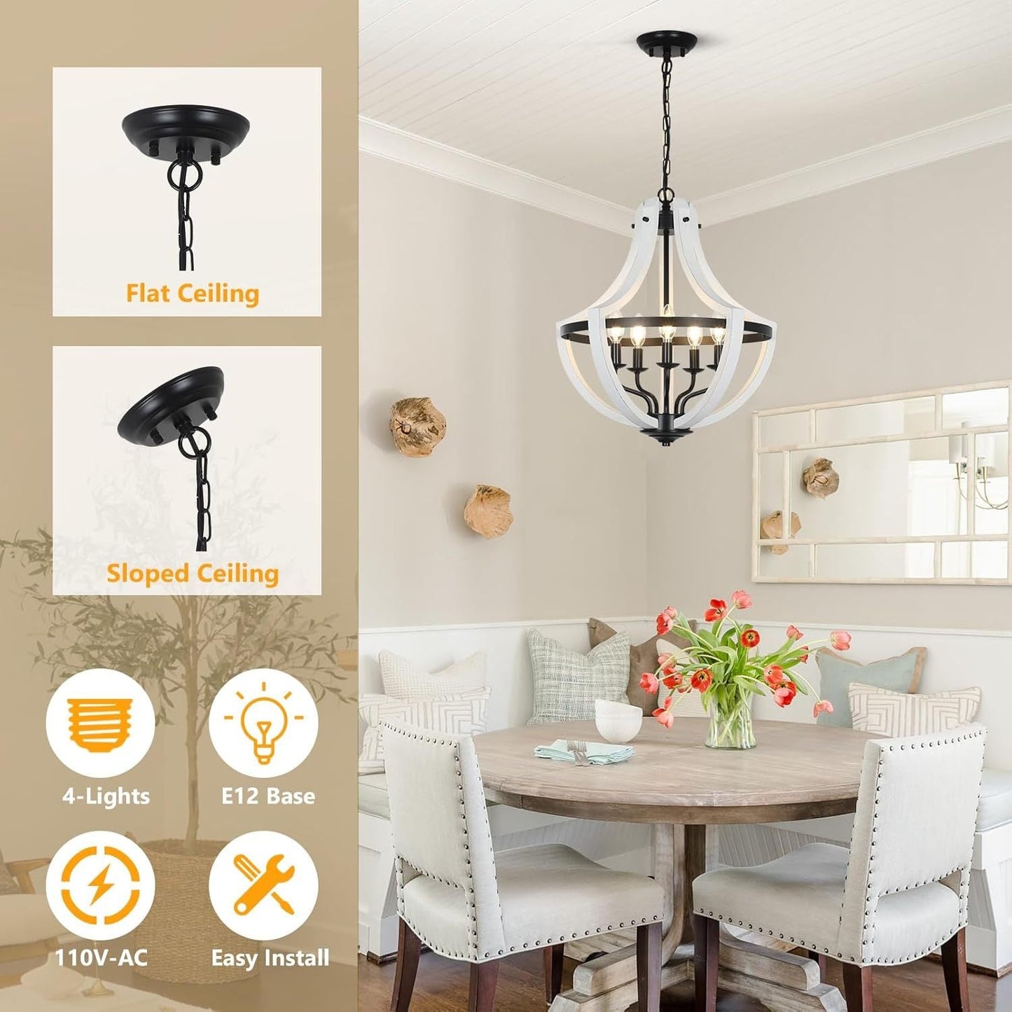 Chandelier 5-Light White Wood