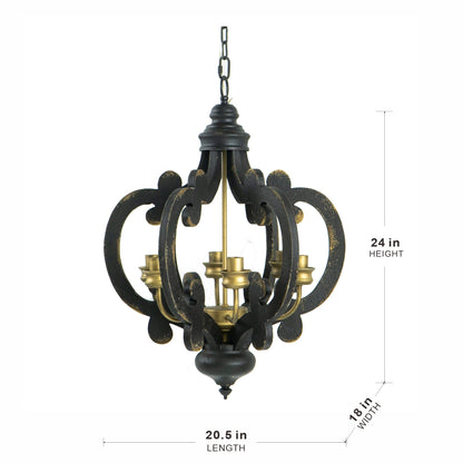 French Country Wood Chandelier 6-Light Farmhouse Pendant 28 In Chain