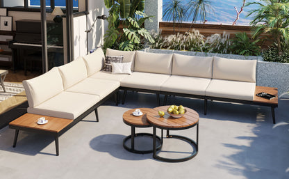 Outdoor Sectional Set Acacia Wood Steel Beige Cushion 6 Piece Seats 5