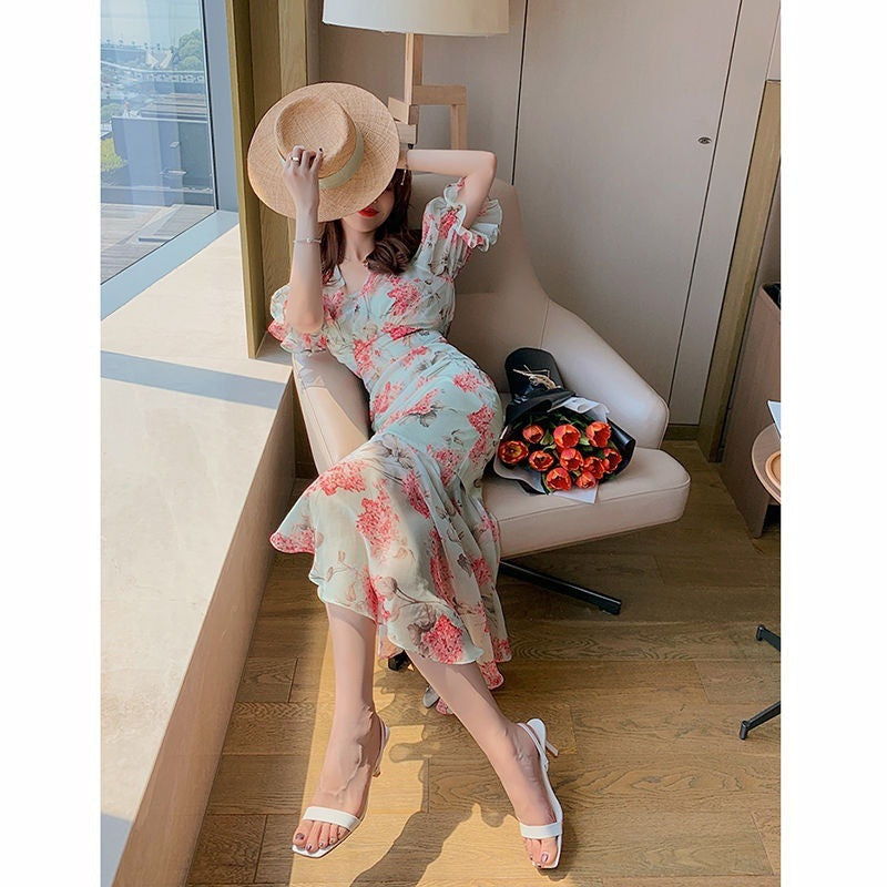 Stylish, Sophisticated, High-end Asymmetrical Chiffon Floral Dress